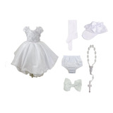 Kit Vestido De Batizado Menina Bebe Branco   Acessorios Luxo