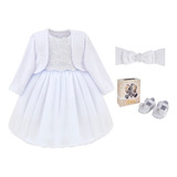 Kit Vestido De Menina Bebe Branco Batizado Princesa Luxo 