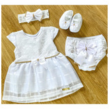 Kit Vestido Luxo Bebê Branco Batizado Reveillon Laço Menina