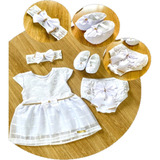 Kit Vestido Luxo Bebê Branco Batizado Reveillon Laço Menina
