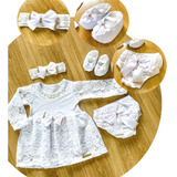 Kit Vestido Luxo Renda Bebê Branco Batizado Réveillon Menina