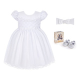 Kit Vestido Sapatinho Roupa Bebe Menina Batizado Branco