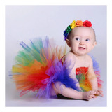 Kit Vestido Tutu Arco Iris Bebê C Faixa Headband Mesversári