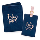 Kit Viagem Porta Passaporte Documento Com Tag Mala Ludi Cor Azul escuro Desenho Do Tecido Veludo