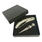 Kit Vinho Abridor Saca Rolhas E Tampa 2 Peças Inox No Estojo