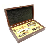 Kit Vinho Estojo Madeira 5 Acessórios Saca Rolha Corta Lacre