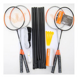 Kit Vollo Badminton 4 Raquete 3 Petecas Rede E Suportes Cor Preto E Laranja