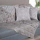 Kit Xale Decorativo Para Sofá Grécia 5 Peças Com 2 Almofadas Cheias Tecido Jacquard Com Franja -Cáqui-