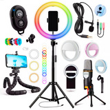 Kit Youtuber Ring Light 26cm Led Rgb E Microfone Condensador Estrutura Preto 110v 220v Dreamfull