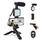 Kit Youtuber Vlog Live Tripé Celular Suporte Led E Microfone Com Controle Bluetooth