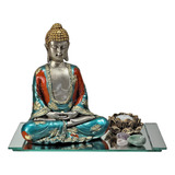 Kit Zen Buda Hindu Incensário Castiçal Vela Bandeja Espelho
