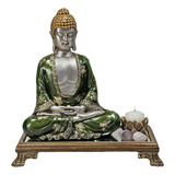 Kit Zen Buda Hindu Verde Incensário Castiçal Bandeja Madeira