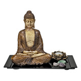 Kit Zen Com Buda Hindu Bege Incensário Castiçal Bandeja Luxo