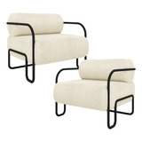 Kit02 Poltrona Decorativa Pés Industrial Moscou Bouclê Creme