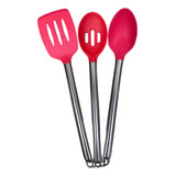 Kits 3 Utensílios De Cozinha Silicone C Cabo De Inox