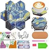 Kits De Pintura De Diamante Porta Copos Noite Estrelada 7 Peças De Porta Copos Hexagonais De Arte De Diamante Com Suporte Kits De Pintura De Diamante Pequeno Para Adultos Iniciantes Porta Copos De