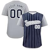 KXK Camisa De Beisebol Listrada Personalizada Com Botão Uniforme Do Time Logotipo Com Número De Nome Costurado Personalizado Azul Marinho E Cinza 76 Tamanho Único