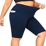 LALAGEN Short Feminino Plus Size Para Motociclista Com Bolsos - Controle De Barriga- Academia- Treino- Corrida- Ioga- Vôlei- Shorts Atléticos- Azul Marino- 4X