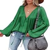Lamissche Blusa Feminina Sexy Com Decote Em V Profundo, Lanterna, Manga Comprida, Camisa De Chiffon, Túnica De Cetim De Seda Com Cordão Grande (verde, 2xl)
