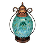 Lanterna Decorativa De Ferro Bronze C tons De Azul 29cm