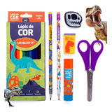 Lapis De Cor 12 Cores Dino Kit Escolar 6 Peças Premium Cor Da Marcação Colorido
