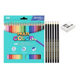 Lápis De Cor 24 Cores Multicolor Lápis Preto Borracha