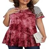 Larace Blusa Feminina Com Estampa De Leopardo Listrada, Manga Curta, Casual, Plus Size, Preguiças, Blusas De Verão, T11-winered_tie Dye, 1x