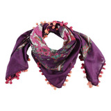 Lenço Estampado Floral Colorido Bordado Pompom Moda Festa Cor Roxo Floral