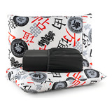 Lençol Micropercal Queen Cama Box 400 Fios 3 Peças Elasticado Ponto Palito Estampado Preto Oriental