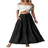 Lepunuo Saias Maxi Femininas Casuais Boho De Cintura Alta Rodadas Na Moda Floral Fofas Saias Longas Com Bolsos A Preto G
