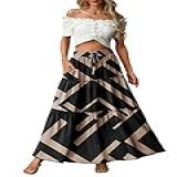Lepunuo Saias Maxi Femininas Casuais Boho De Cintura Alta Rodadas Na Moda Floral Fofas Saias Longas Com Bolsos Preto Geométrico XGG