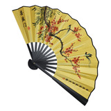 Leque De Mão Tecido Estampado Oriental Aberto 47cm Cor Dourado Flor Passalos