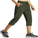 Libin Calça Capri Feminina Leve De Secagem Rápida Cargo Caminhadas Viagens Casual Ao Ar Livre Bolsos Com Zíper Verde Militar P