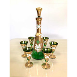 Licoreira Cristal Veneziano Verde E Ouro C 6 Tacas