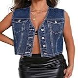 LifeShe Colete Jeans Feminino Cropped Casual Gola V Abotoado Sem Mangas Jaqueta Jeans Azul Escuro Small