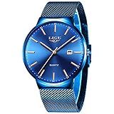 LIGE Relógios Masculinos Minimalistas Modernos Esportivos à Prova D água De Malha De Aço Inoxidável Vestido De Negócios Com Data Automática Movimento Japonês Quartzo Azul Simples Casual