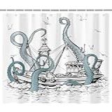 Lindameler Conjunto De Cortina De Chuveiro Náutico Polvo à Vela Engraçada Oceano Marinho Kraken Cortina De Banheiro Impermeável 182 X 183 Centímetros Cortina De Banheiro De Tecido Poliéster Com 12