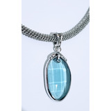Lindo Colar Ouro Branco Pingente Topázio Azul Lapidado Oval