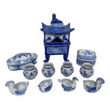 Lindo Incensário Antigo E Lote Porcelana Chinesa Azul Cobato