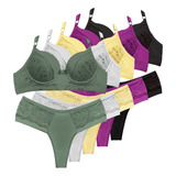 Lingerie Kit 5 Conjunto Calcinha Fio Dental Duplo Sutiã Bojo