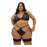 Lingerie Plus Size Com Cinta Liga Sensual Fio Dental Sexy