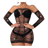 Lingerie Sexy Mini Vestido Arrastão C/ Strass Sensual Brilho