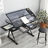 LiviNest Mesa De Desenho Com Altura Ajustável Óculos Temperados Modernos Mesa Inclinada Com Cadeira Mesa De Trabalho Com Tampo De Vidro Com Banquinho Para Escola Em Casa Escritório Preto
