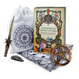 Livro O Grimório Da Magia Natural + Punhal Athame Triskle + Pantáculo Pentagrama + Toalha Taro Kit Wicca E Pedra Vassoura De Bruxa