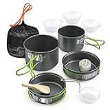Lixada Conjunto De 10 Peças De Acampamento Com Panelas Antiaderentes- Utensílios De Limpeza- Utensílios De Cozinha- Kit De Bagunça Portátil Para Caminhadas- Viagens- Piquenique Ao Ar Livre- 2 A 3