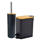 Lixeira 3l Preta Pedal Aço Tampa Bambu Escova Sanitária