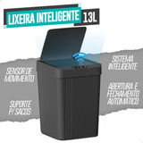 Lixeira Automática Inteligente Sensor Aproximação 13l A Pilha Banheiro Lavabo Cozinha Quarto Escritório Prova Água Ipx5 Preta Luxo Higiênica Casa Attract 4x4sc