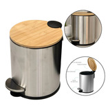 Lixeira Luxo Com Pedal Tampa De Bambu 5 Litros Inox Banheiro
