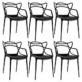 Loft7 Conjunto Kit 6 Cadeiras Design Allegra Polipropileno Injetado Alta Densidade Empilhável Sala Cozinha Jantar Bar Jardim Varanda Preto