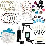 LOMEVE O Kit De Acessórios Para Guitarra Inclui Cordas De Violão Acústico Afinador Capo Ferramenta De Retenção 3 Em 1 Palhetas Suporte De Palhetas Pinos De Ponte Porcas E Selas Protetor De Dedo Palhetas De Dedo Tabela De Acordes 58 Peças 